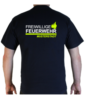 T-Shirt Freiwillige Feuerwehr mit Ortsname und Flamme, zweifarbig