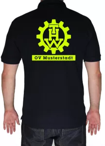 THW Poloshirt Zahnrad und Ortsverband - Aufdruck in neongelb