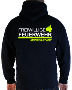 Kapuzenjacke Freiwillige Feuerwehr mit großem Schriftzug Flamme und Ortsname zweifarbig