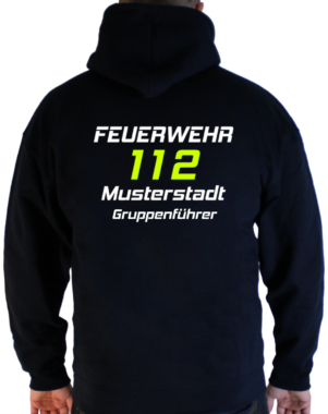 Kapuzenjacke Feuerwehr große 122 mit Ortswehr und Ortsname,Notrufdesign zweifarbig - mit Funktionszeile