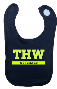THW Baby Lätzchen mit Aufdruck THW und Ortsname in neongelb