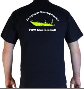 T-Shirt THW Fachgruppe Wassergefahren - Finjet mit Piktorgram in neongelb