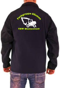 Softshelljacke THW Fachgruppe Räumen Bagger Neongelb Weißes Logo