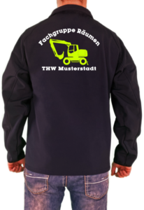 Softshelljacke THW Fachgruppe Räumen Bagger Neongelbes Logo