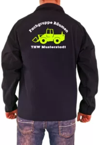 Softshelljacke THW Fachgruppe Räumen Radlader Neongelbes Logo