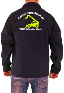 Softshelljacke THW Fachgruppe Räumen Teleskoplader Telelader Neongelbes Logo