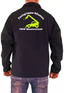 Softshelljacke THW Fachgruppe Räumen Teleskoplader Telelader Neongelbes Logo