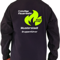 Softshelljacke hinten flamme groß Freiwillige Feuerwehr 112 weiß:neongelb mit Ortsname und Funktionsname Name auf der Brust