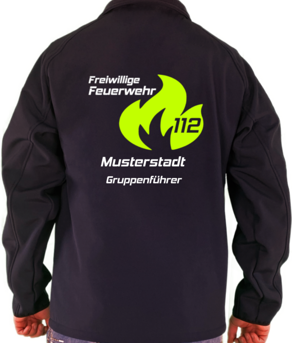 Softshelljacke hinten flamme groß Freiwillige Feuerwehr 112 weiß:neongelb mit Ortsname und Funktionsname Name auf der Brust