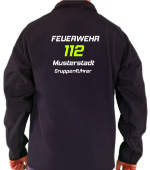 Softshelljacke vorne Freiwillige Feuerwehr 112 weiß:neongelb mit Ortsname und Funktionsname Name auf der Brust