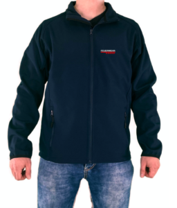 Softshelljacke vorne Freiwillige Feuerwehr Rot-Silber mit Ortsname und Funktionsname Name auf der Brust