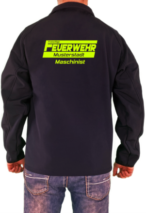 Softshelljacke vorne Freiwillige Feuerwehr neongelb mit Ortsname und Funktionsname Name auf der Brust