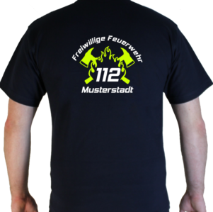 T-Shirt 112 mit Feuerwehr, Ortswehr, Flamme und Axtdesign