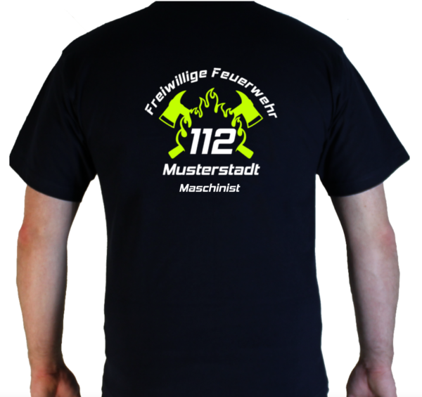 T-Shirt 112 mit Feuerwehr, Ortswehr, Flamme und Axtdesign - Ortsname und Funktionszeile