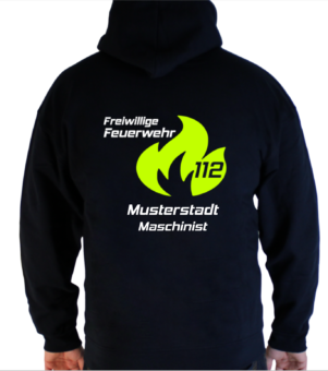 Kapuzenjacke Freiwillige Feuerwehr Flamme mit 122 mit Ortswehr und Ortsname, Flammendesign zweifarbig - mit Funktionszeile