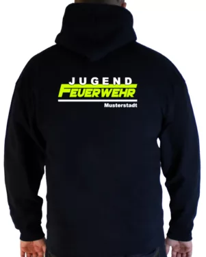 Kapuzenpullover Jugendfeuerwehr zweifarbig mit langem F Rückendruck mit Ortsname