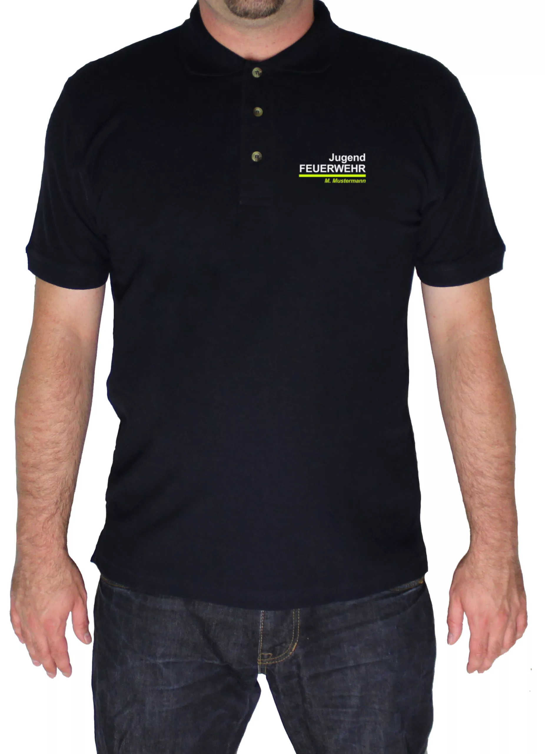 Bedrucktes Jugendfeuerwehr-Poloshirt, Brustdruck mit individuellem Namen – Vorderansicht