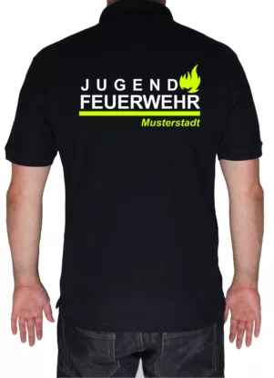 Bedrucktes Jugendfeuerwehr-Poloshirt, Design FlameLayout, Rückenansicht mit individuellem Ortsnamen (Musterstadt)