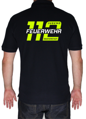 Bedrucktes Jugendfeuerwehr-Poloshirt, Design große 112, Rückenansicht mit individuellem Ortsnamen (Musterstadt)