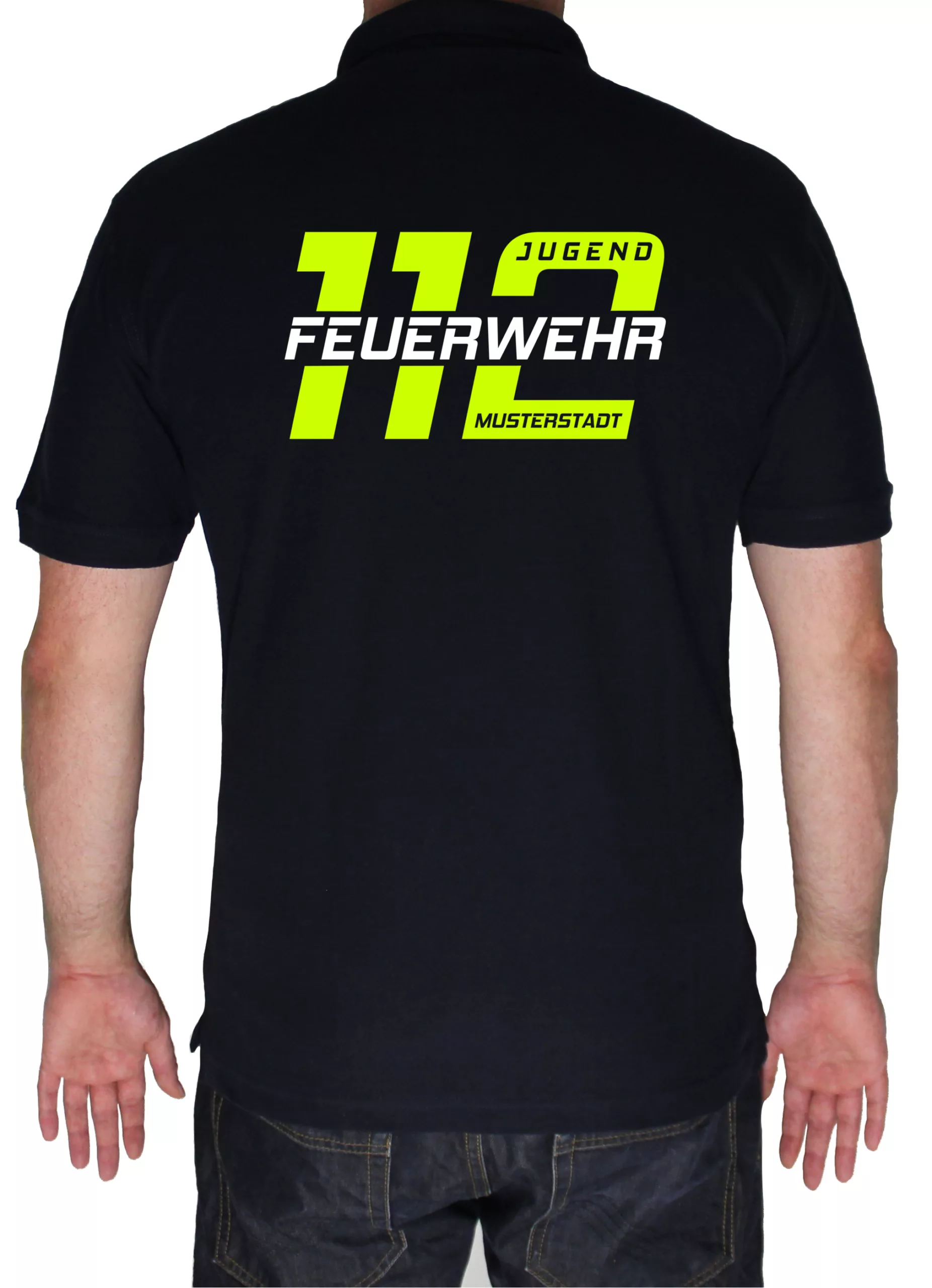 Bedrucktes Jugendfeuerwehr-Poloshirt, Design große 112, Rückenansicht mit individuellem Ortsnamen (Musterstadt)