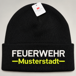 Schwarze Feuerwehr-Wintermütze (Beanie) mit Umschlag und 3M Thinsulate, Stick FEUERWEHR in Weiß und Ortsname in Neongelb (z. B. MUSTERSTADT)