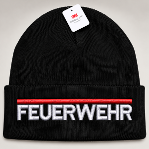 Schwarze Wintermütze (Beanie) mit Thinsulate, bestickt: roter Strich, darunter FEUERWEHR in Weiß