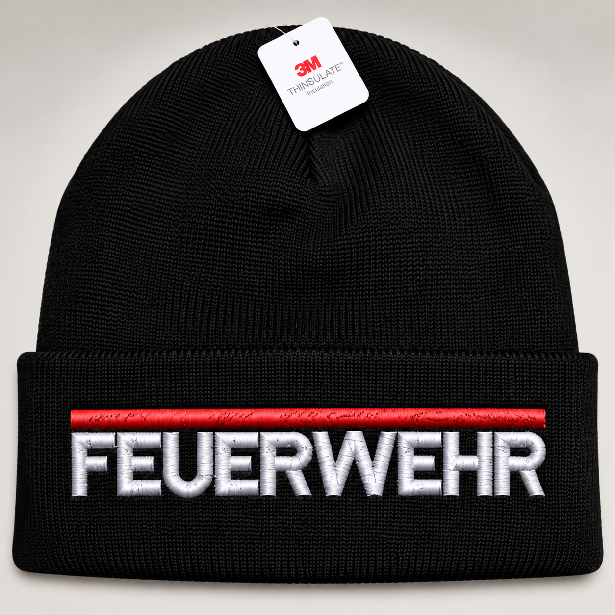 Schwarze Wintermütze (Beanie) mit Thinsulate, bestickt: roter Strich, darunter FEUERWEHR in Weiß