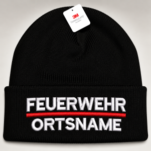 Schwarze Wintermütze (Beanie) mit Thinsulate, bestickt: FEUERWEHR in Weiß, rote Linie, darunter Ortsname in Weiß