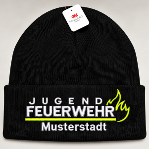 Schwarze Jugendfeuerwehr-Wintermütze (Beanie) mit Thinsulate, bestickt im FlameLayout: JUGEND FEUERWEHR in Weiß, neongelbe Linie und Flamme, Ortsname in Weiß