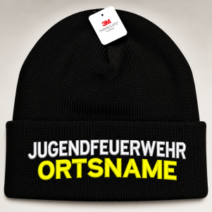 Schwarze Wintermütze (Beanie) mit Thinsulate, bestickt: JUGENDFEUERWEHR in Weiß, darunter Ortsname in Neongelb
