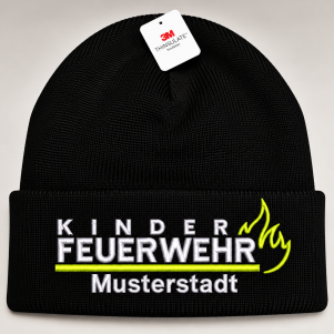 Schwarze Kinderfeuerwehr-Wintermütze (Beanie) mit Thinsulate, bestickt im FlameLayout: KINDER FEUERWEHR in Weiß, neongelbe Linie und Flamme, Ortsname in Weiß