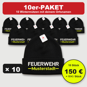 10er-Paket schwarze Feuerwehr-Wintermützen (Beanie) mit 3M Thinsulate, Stick FEUERWEHR in Weiß und Ortsname in Neongelb (z. B. MUSTERSTADT), 10 Stück für 150 Euro