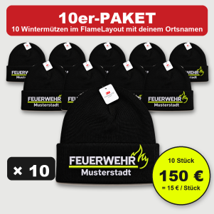 10er-Paket schwarze Feuerwehr-Wintermützen im FlameLayout bestickt mit Ortsname, 150 Euro, 15 Euro pro Stück
