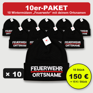 10er-Paket schwarze Wintermützen, bestickt: FEUERWEHR in Weiß, rote Linie, darunter Ortsname in Weiß, 150 Euro, 15 Euro pro Stück