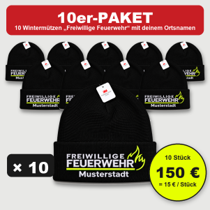 10er-Paket schwarze Freiwillige Feuerwehr-Wintermützen im FlameLayout bestickt mit Ortsname, 150 Euro, 15 Euro pro Stück