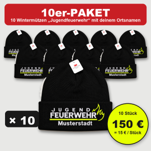 10er-Paket schwarze Jugendfeuerwehr-Wintermützen im FlameLayout bestickt mit Ortsname, 150 Euro, 15 Euro pro Stück