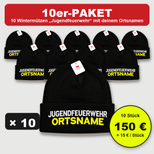 10er-Paket schwarze Wintermützen, bestickt: JUGENDFEUERWEHR in Weiß, darunter Ortsname in Neongelb, 150 Euro, 15 Euro pro Stück