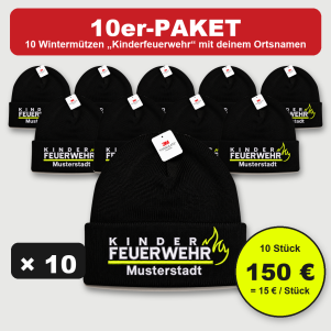 10er-Paket schwarze Kinderfeuerwehr-Wintermützen im FlameLayout bestickt mit Ortsname, 150 Euro, 15 Euro pro Stück